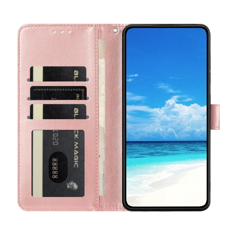 Motorola Moto G15 4G Case Butterfly Imprinted Wallet Stand Vegan Leather Flip Phone Cover Strap - Rose Gold
