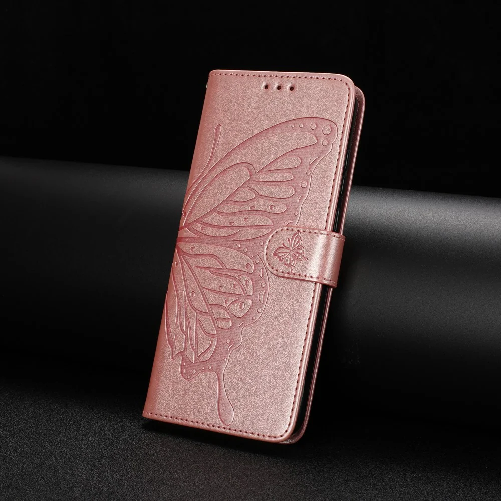 Motorola Moto G15 4G Case Butterfly Imprinted Wallet Stand Vegan Leather Flip Phone Cover Strap - Rose Gold