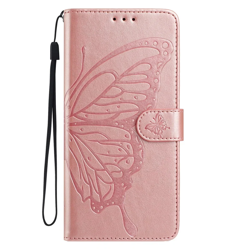 Motorola Moto G15 4G Case Butterfly Imprinted Wallet Stand Vegan Leather Flip Phone Cover Strap - Rose Gold