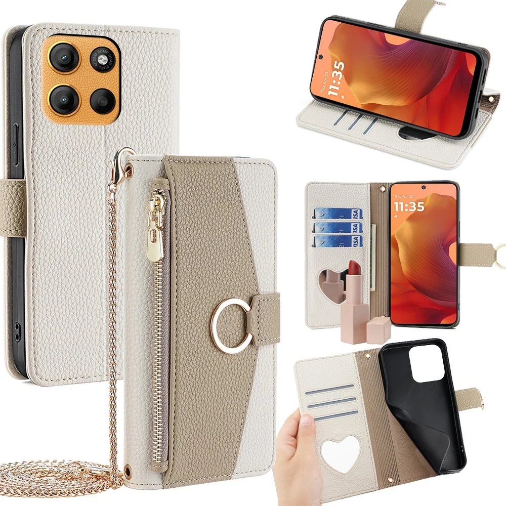 Motorola Moto G15 4G / G15 Power 4G Case Mirror Wallet Leather Phone Cover Chain Shoulder Strap - White