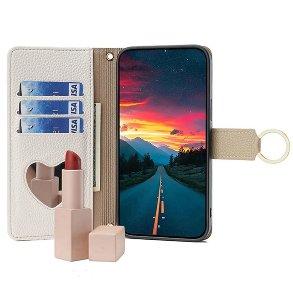 Motorola Moto G15 4G / G15 Power 4G Case Mirror Wallet Leather Phone Cover Chain Shoulder Strap - White