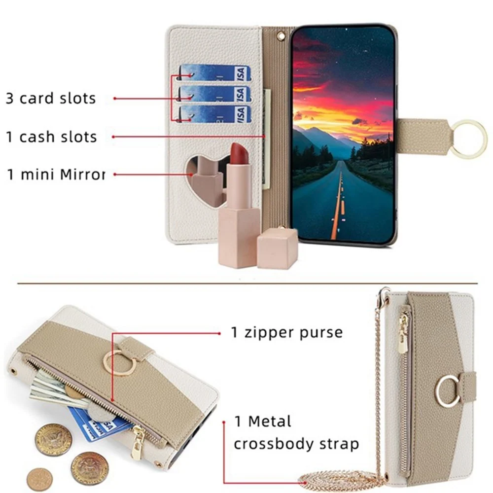 Motorola Moto G15 4G / G15 Power 4G Case Mirror Wallet Leather Phone Cover Chain Shoulder Strap - White