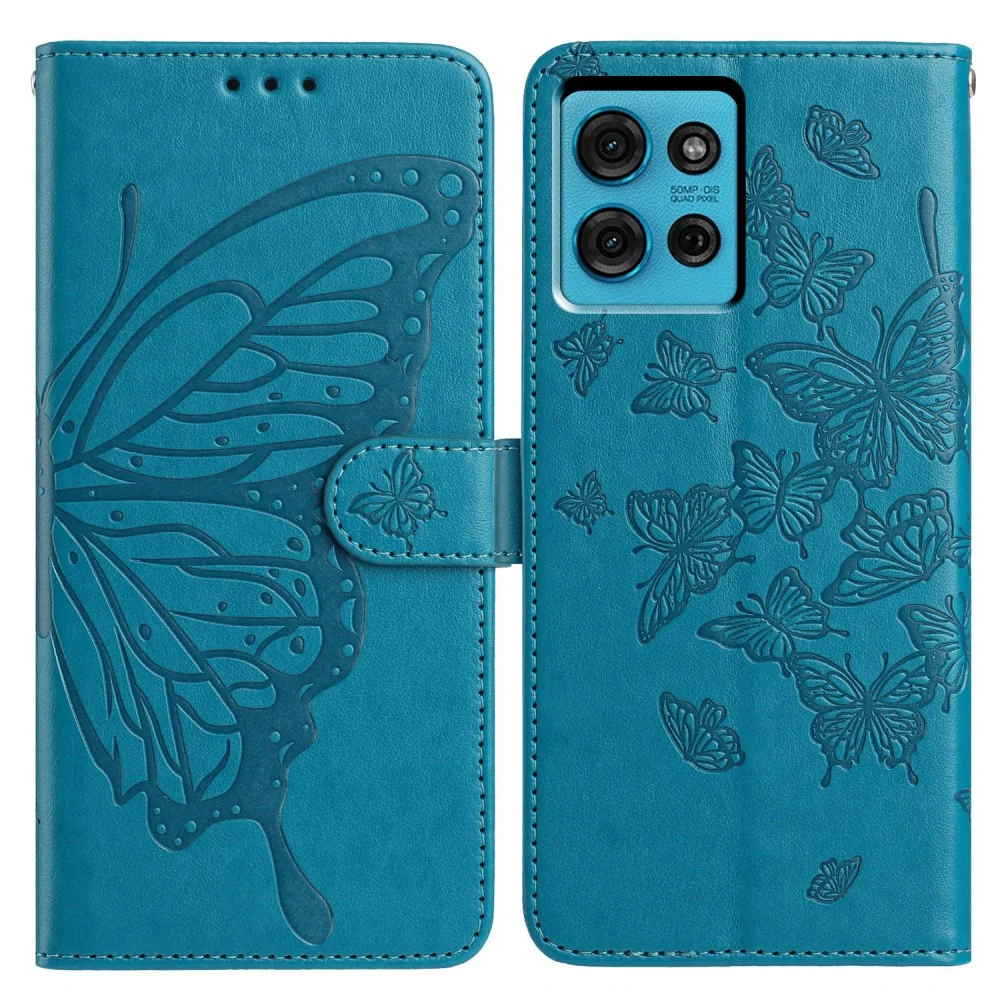 Motorola Moto G75 5G Case Butterfly Imprinted Wallet Stand Vegan Leather Flip Phone Cover Strap - Blue