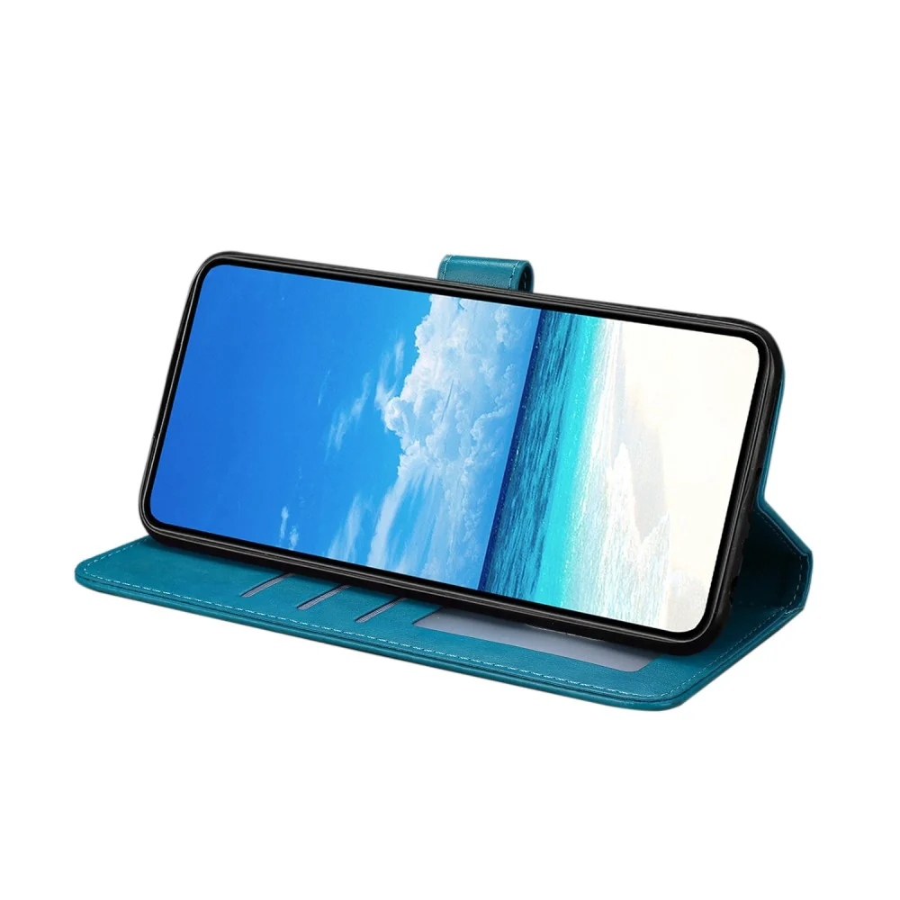 Motorola Moto G75 5G Case Butterfly Imprinted Wallet Stand Vegan Leather Flip Phone Cover Strap - Blue