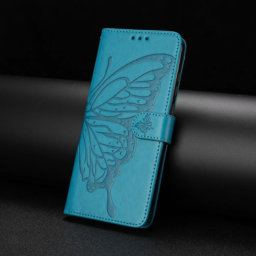 Motorola Moto G75 5G Case Butterfly Imprinted Wallet Stand Vegan Leather Flip Phone Cover Strap - Blue