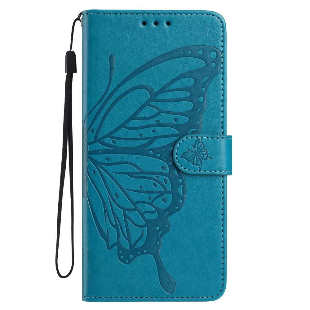 Motorola Moto G75 5G Case Butterfly Imprinted Wallet Stand Vegan Leather Flip Phone Cover Strap - Blue