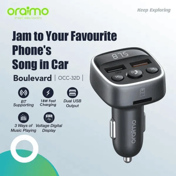 Oraimo OCC-32D – Transmetteur FM Bluetooth avec Double USB & Charge Rapide 18W pour Voiture