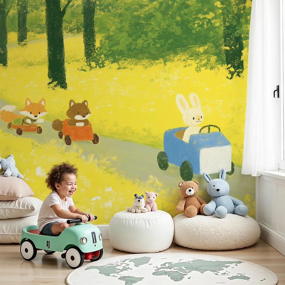 Papier peint chambre enfant | Animaux mignons en voiture dans un champ de fleurs jaunes