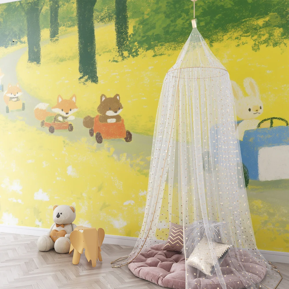 Papier peint chambre enfant | Animaux mignons en voiture dans un champ de fleurs jaunes