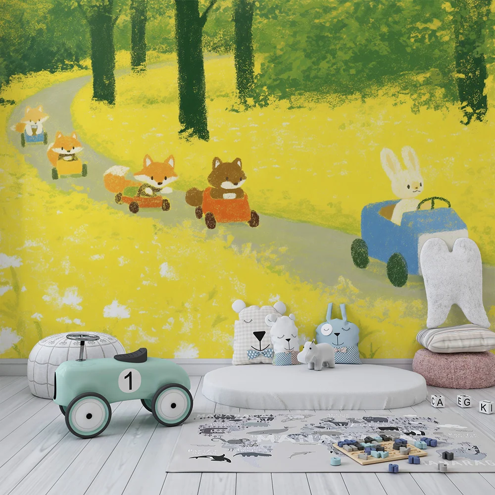 Papier peint chambre enfant | Animaux mignons en voiture dans un champ de fleurs jaunes