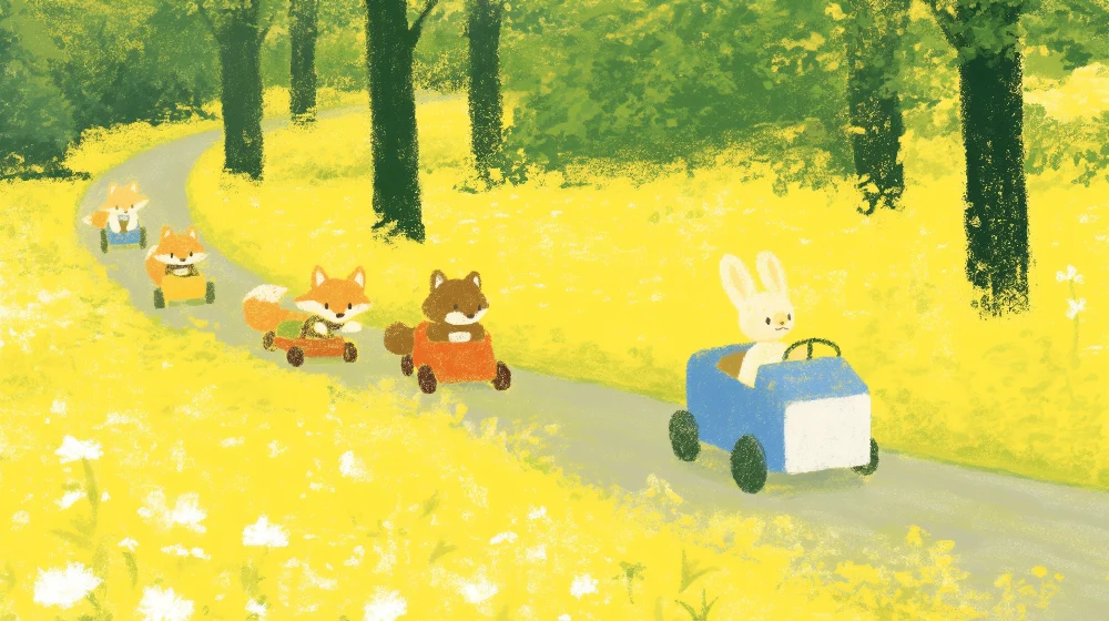 Papier peint chambre enfant | Animaux mignons en voiture dans un champ de fleurs jaunes