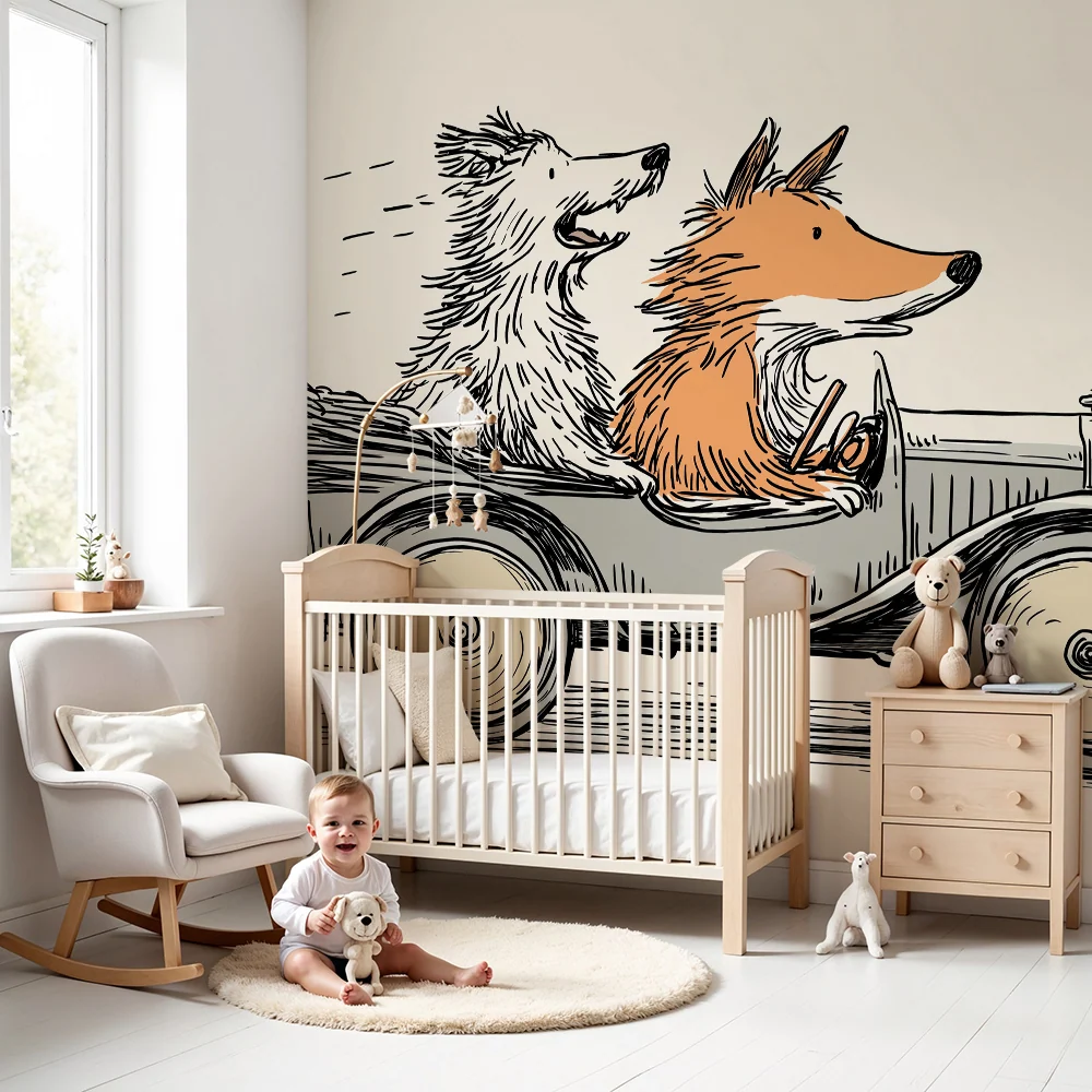 Papier peint chambre enfant | Aventure en voiture avec des animaux