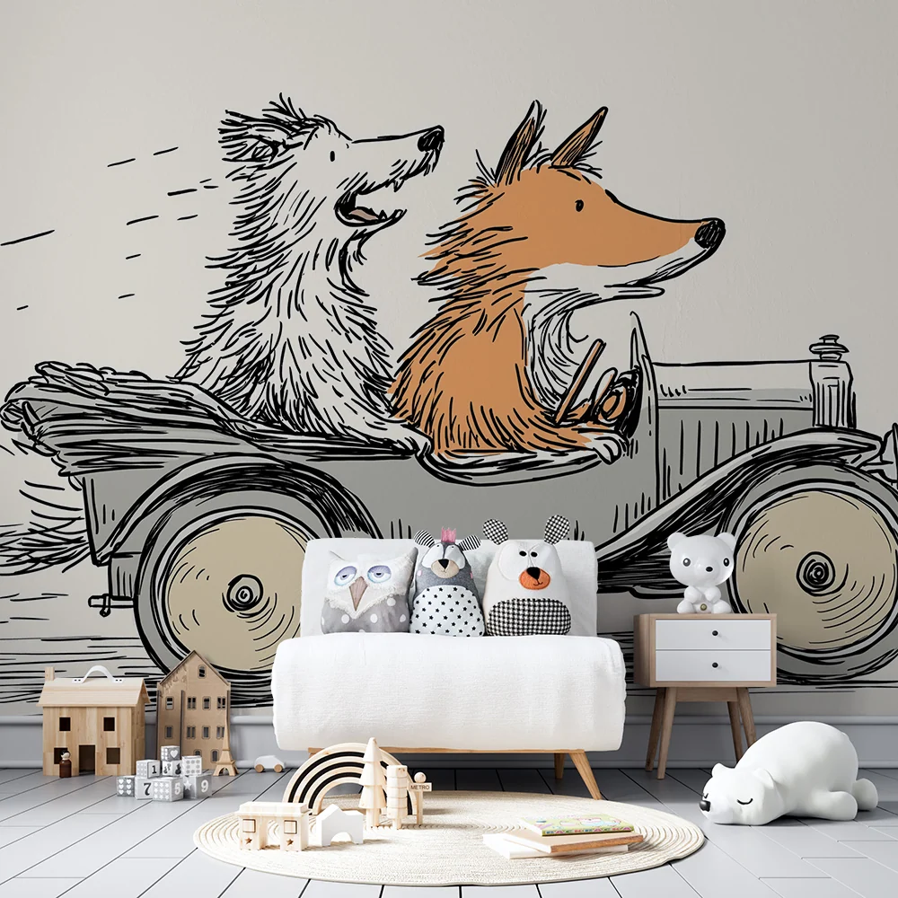 Papier peint chambre enfant | Aventure en voiture avec des animaux