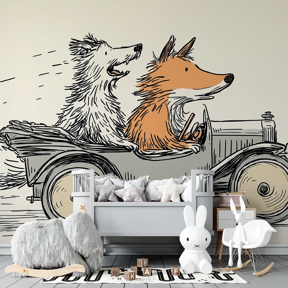 Papier peint chambre enfant | Aventure en voiture avec des animaux