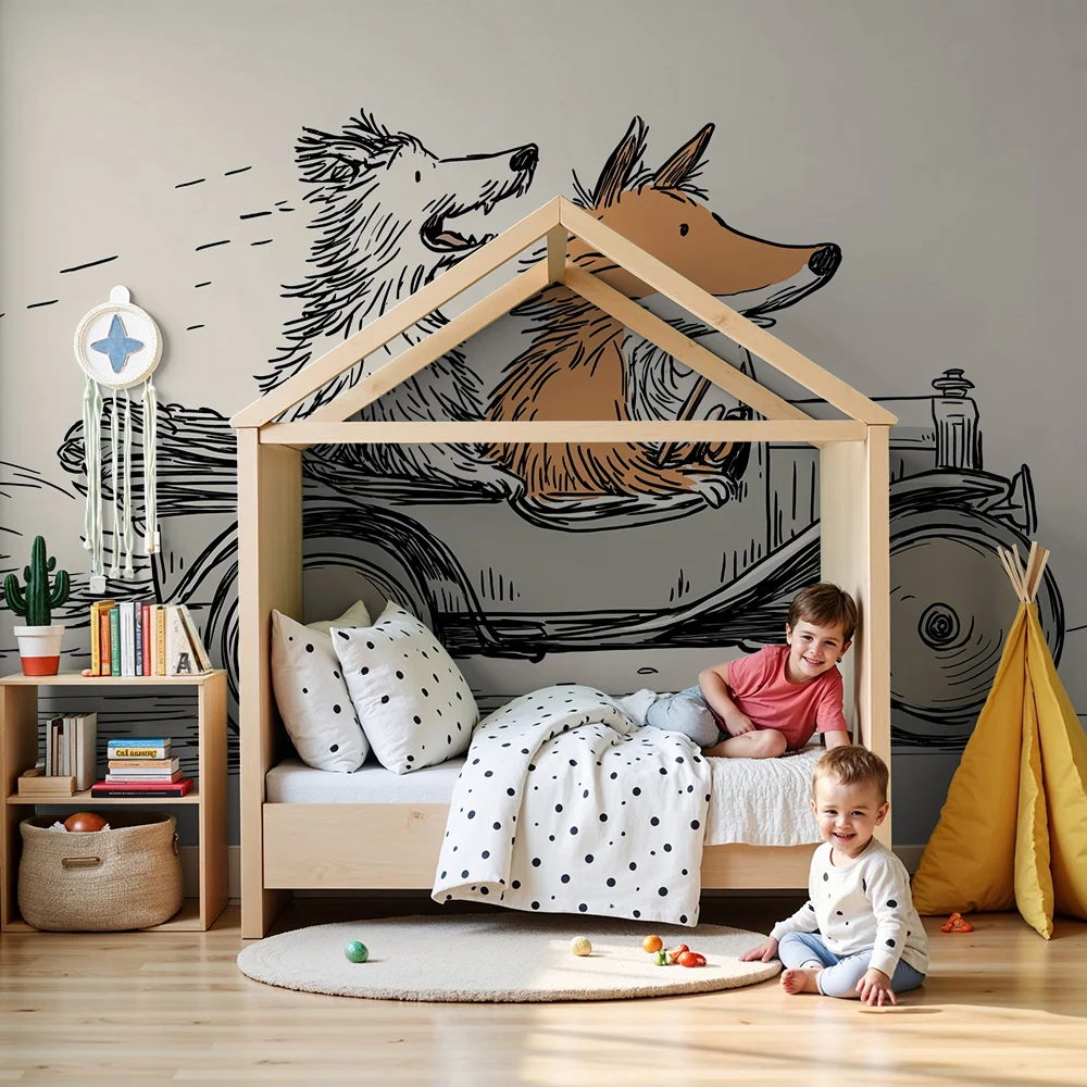 Papier peint chambre enfant | Aventure en voiture avec des animaux