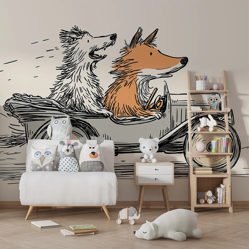 Papier peint chambre enfant | Aventure en voiture avec des animaux