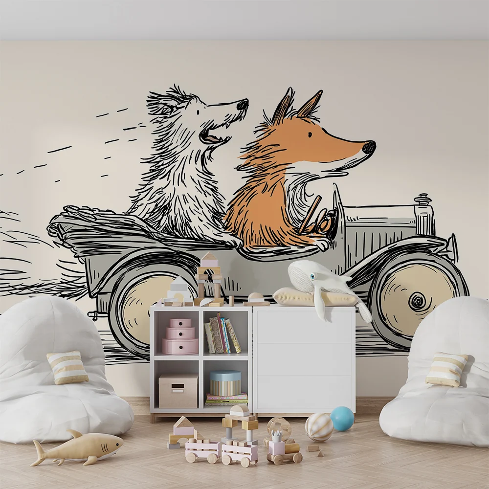 Papier peint chambre enfant | Aventure en voiture avec des animaux