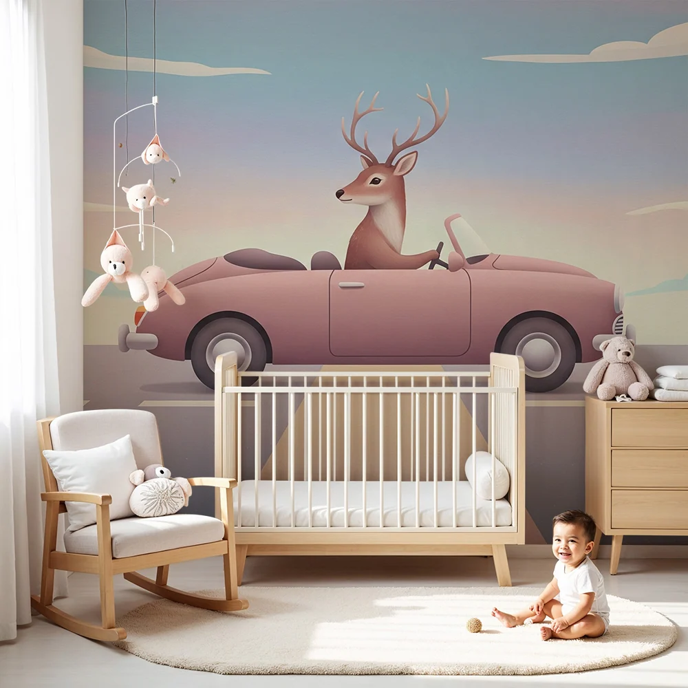 Papier peint chambre enfant | Cerf au volant d'une voiture rose