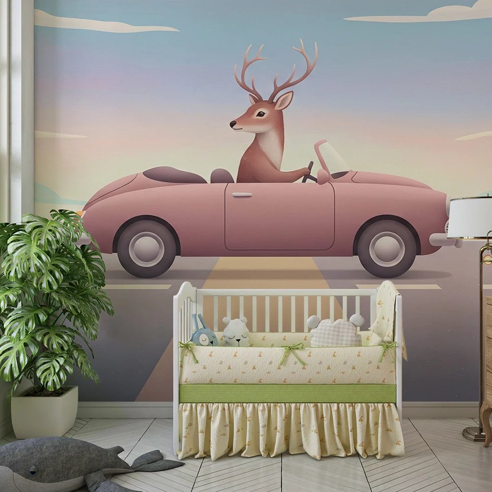 Papier peint chambre enfant | Cerf au volant d'une voiture rose