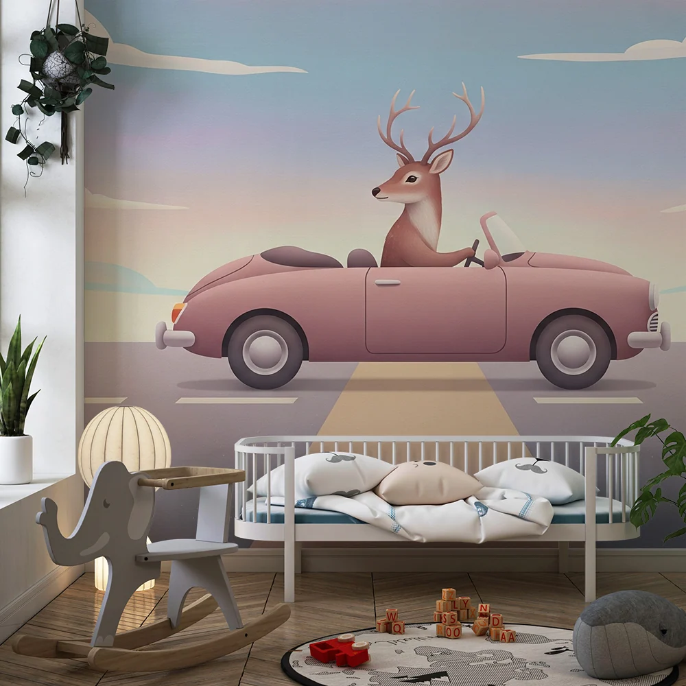 Papier peint chambre enfant | Cerf au volant d'une voiture rose