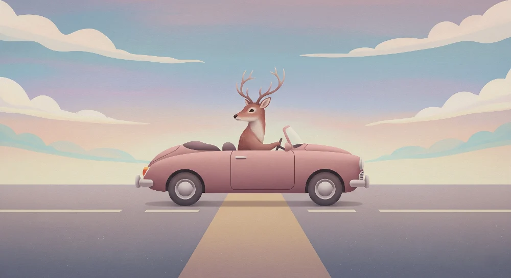 Papier peint chambre enfant | Cerf au volant d'une voiture rose