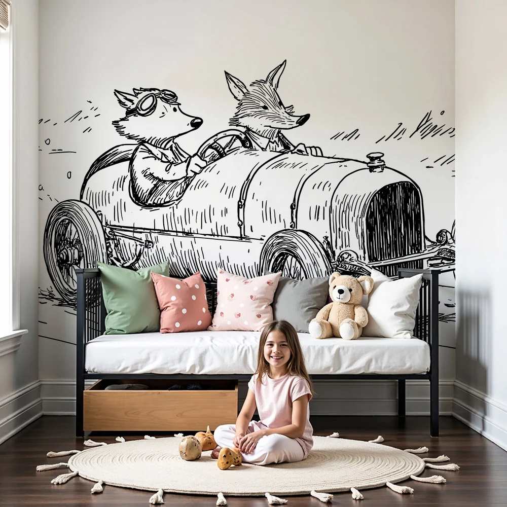 Papier peint chambre enfant | Course joyeuse avec des animaux en voiture