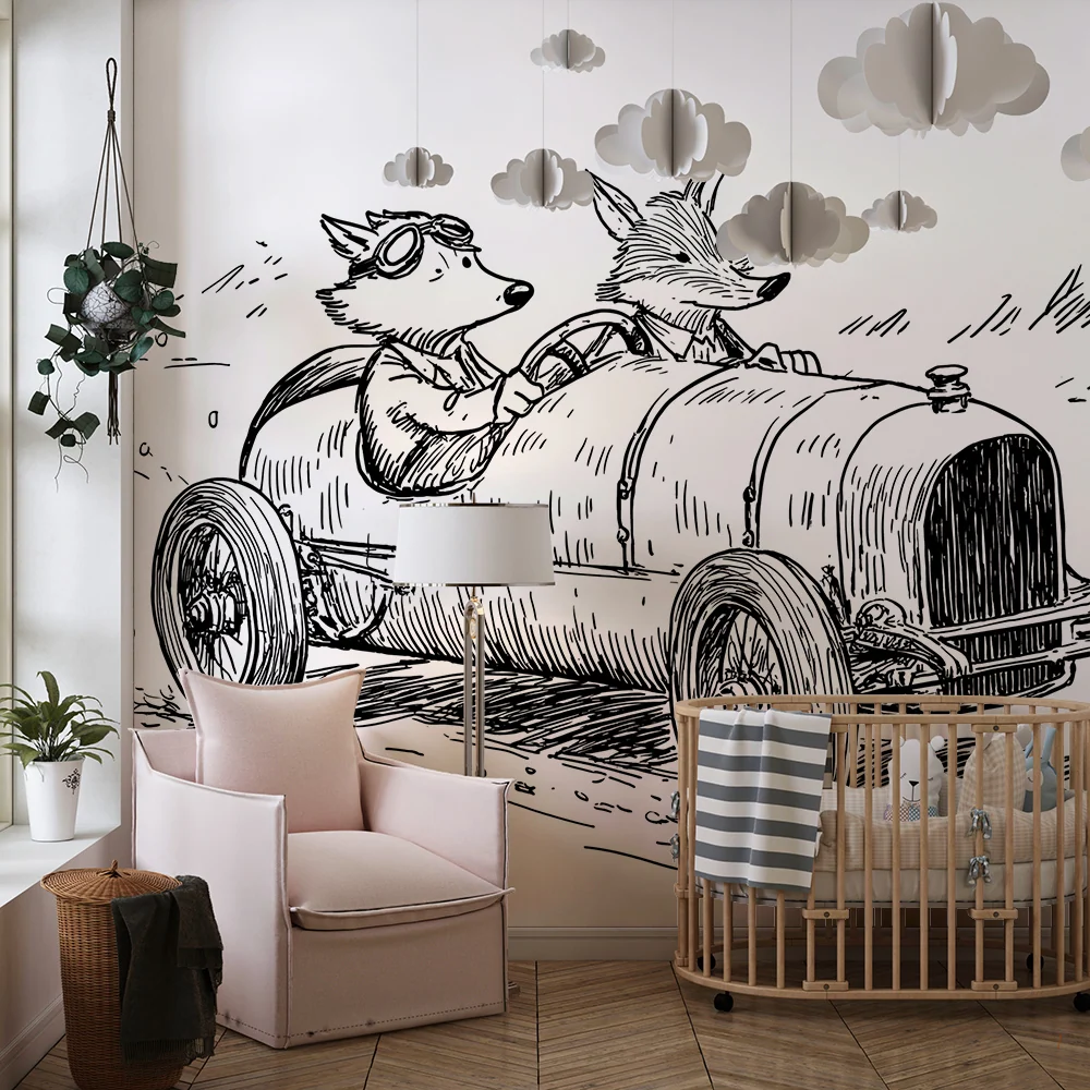Papier peint chambre enfant | Course joyeuse avec des animaux en voiture
