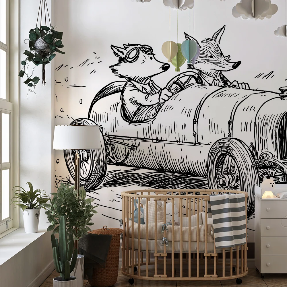 Papier peint chambre enfant | Course joyeuse avec des animaux en voiture