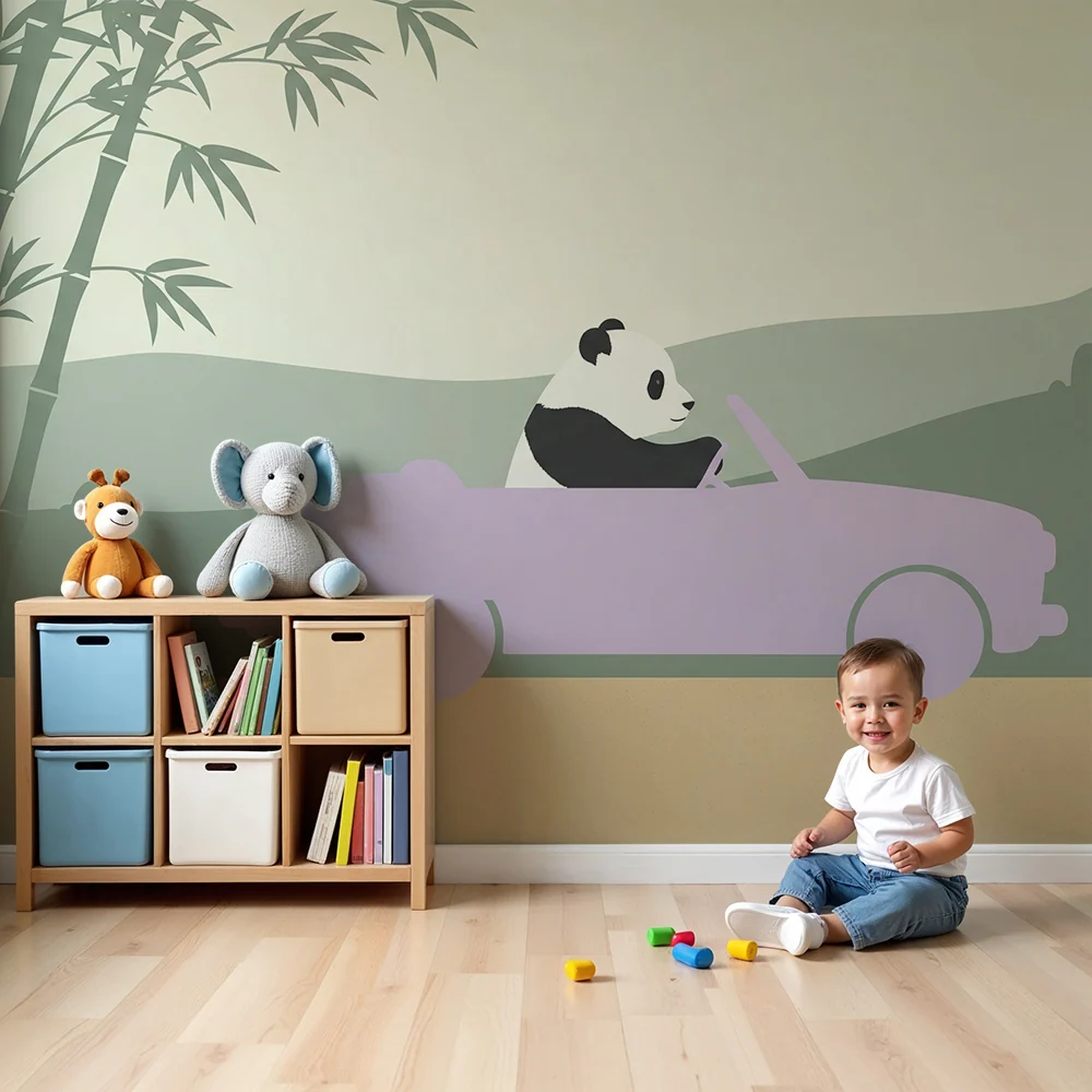 Papier peint chambre enfant | Panda aventurier en voiture rose
