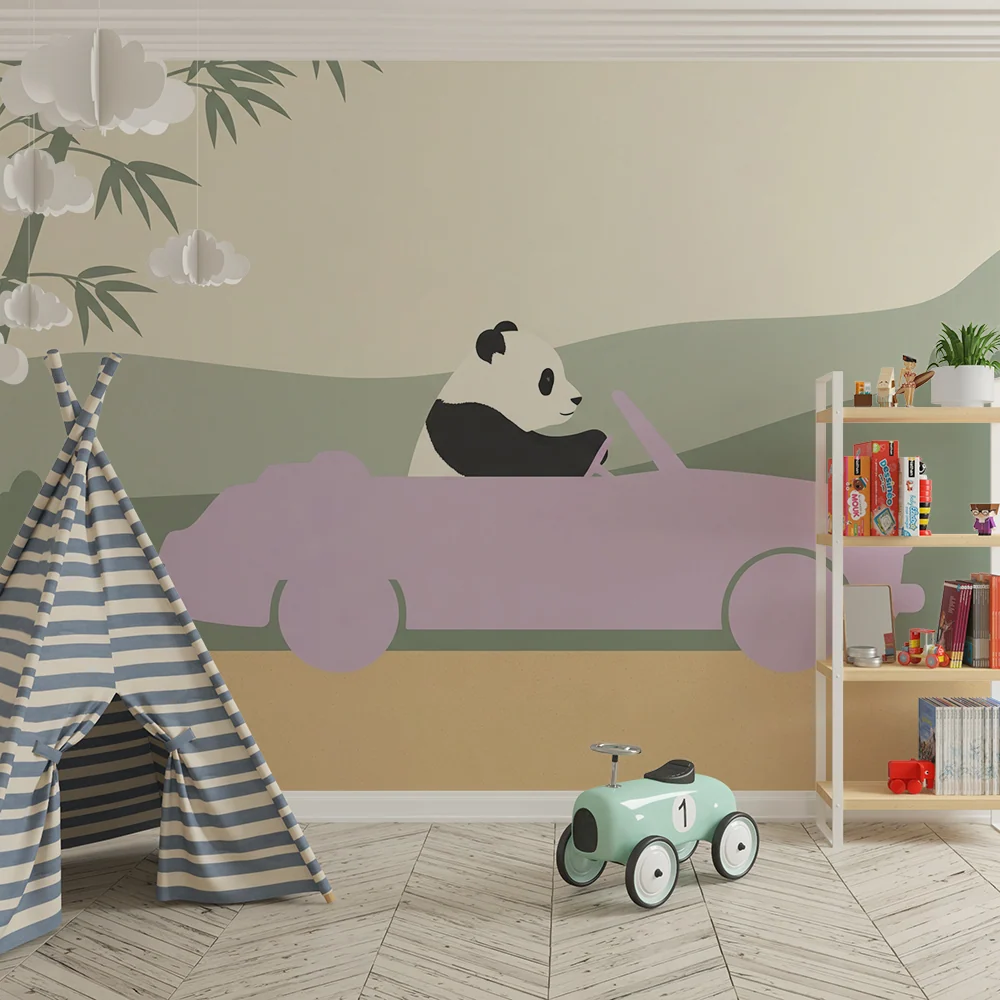 Papier peint chambre enfant | Panda aventurier en voiture rose