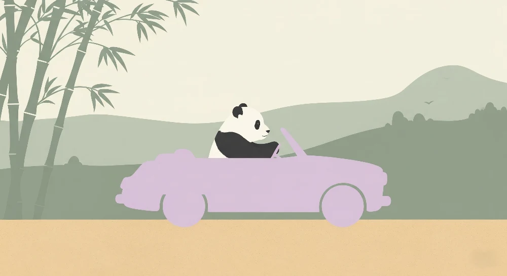 Papier peint chambre enfant | Panda aventurier en voiture rose