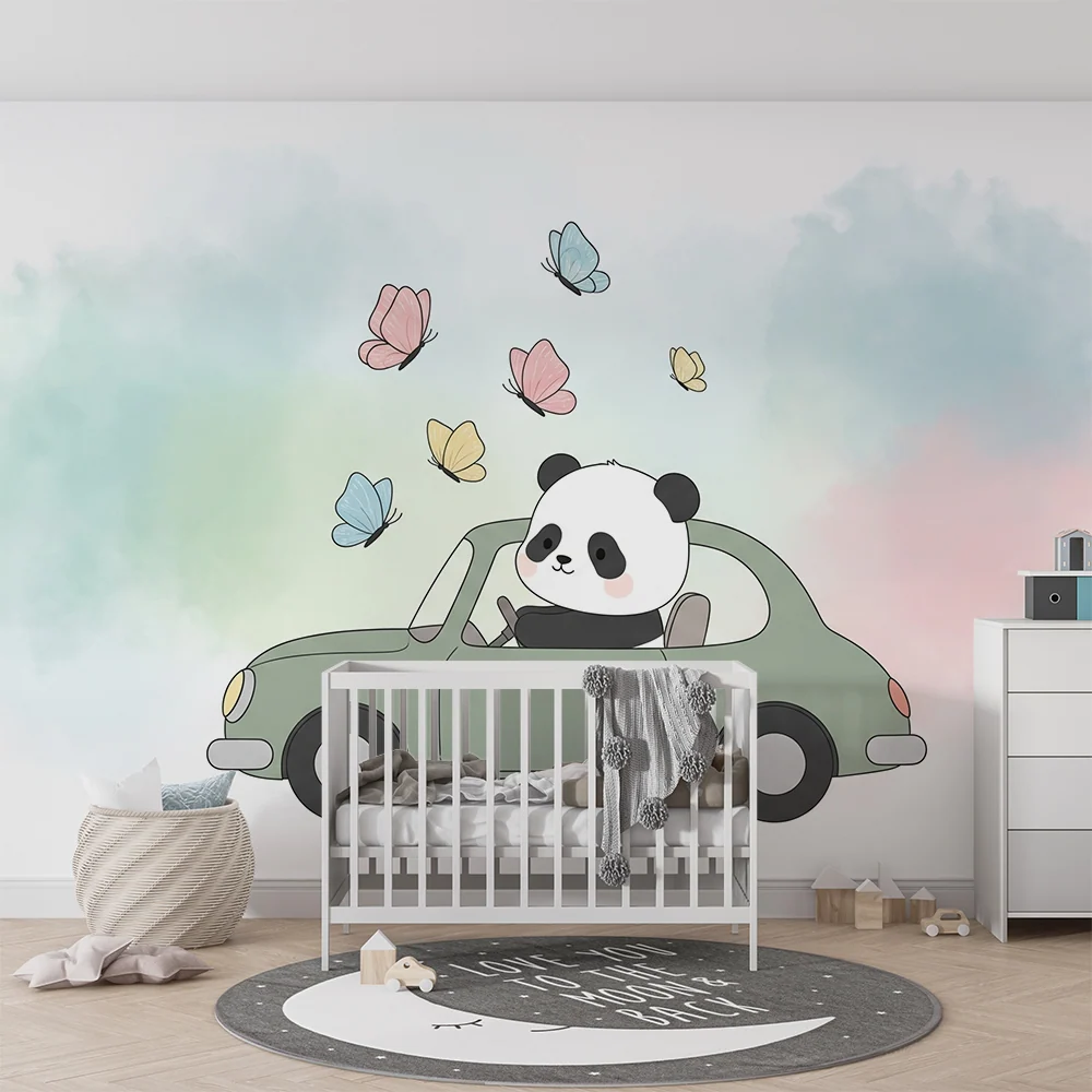 Papier peint chambre enfant | Panda joyeux en voiture avec des papillons