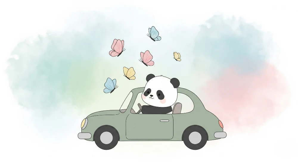Papier peint chambre enfant | Panda joyeux en voiture avec des papillons