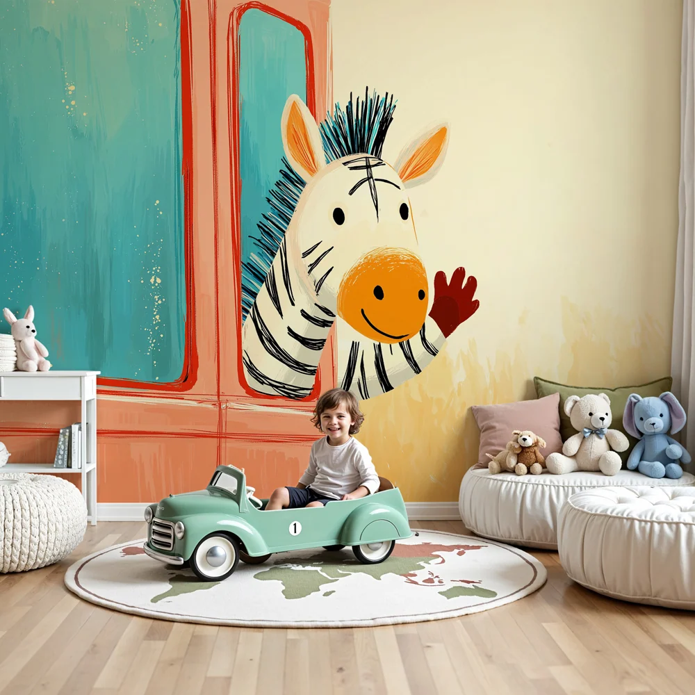 Papier peint chambre enfant | Petite zebra en voiture