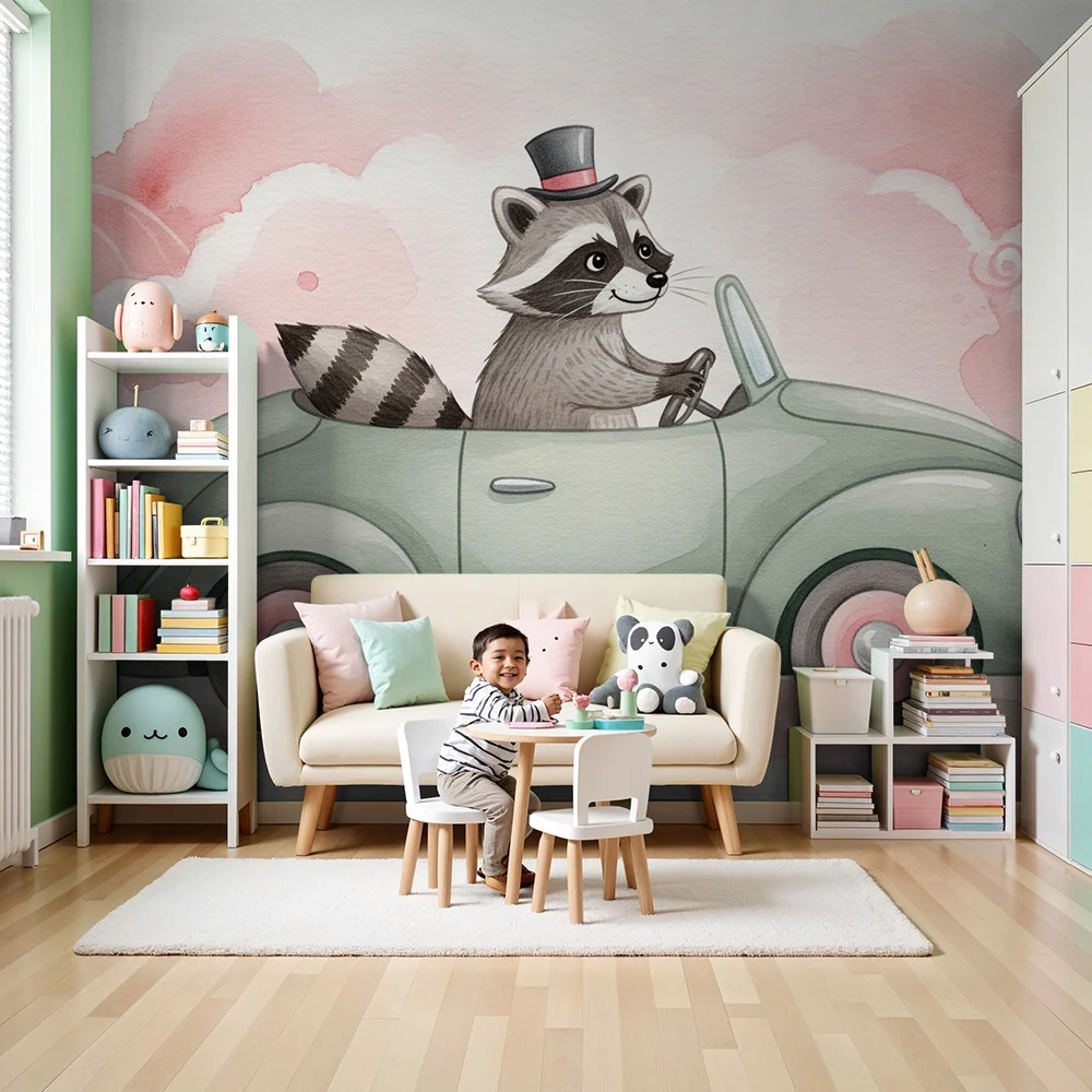 Papier peint chambre enfant | Raton laveur en voiture vintage