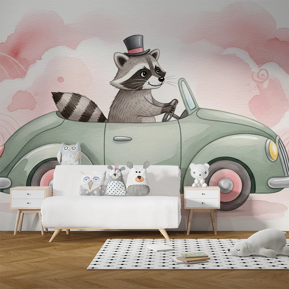 Papier peint chambre enfant | Raton laveur en voiture vintage