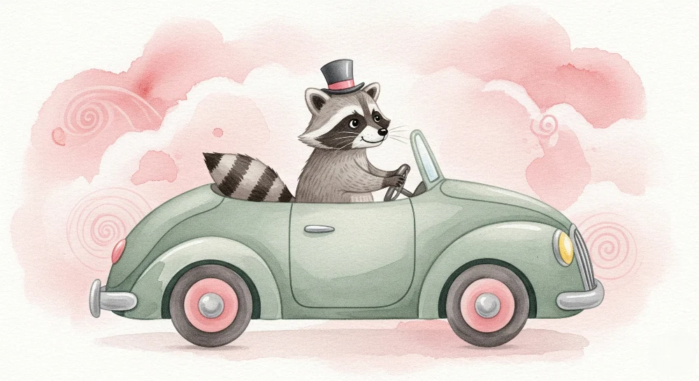 Papier peint chambre enfant | Raton laveur en voiture vintage