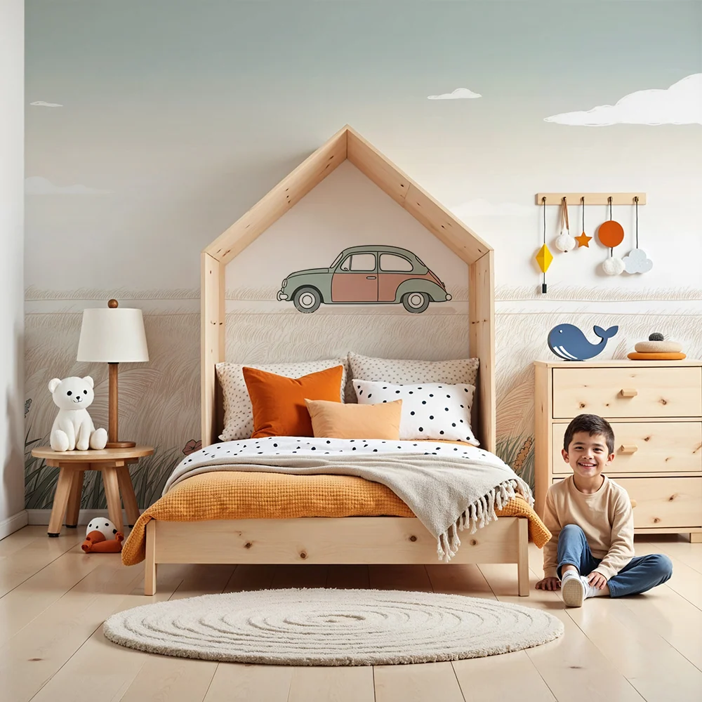 Papier peint chambre enfant | Voiture vintage sur une route champêtre avec fleurs colorées