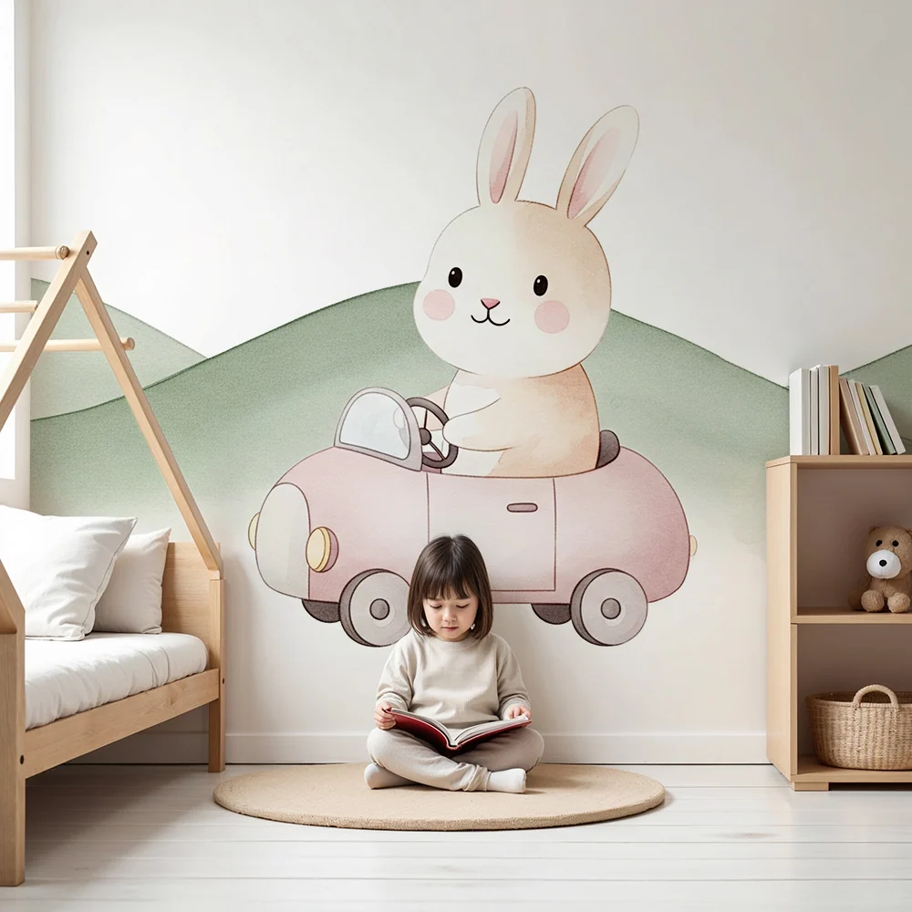 Papier peint chambre bébé | Lapin mignon dans une voiture