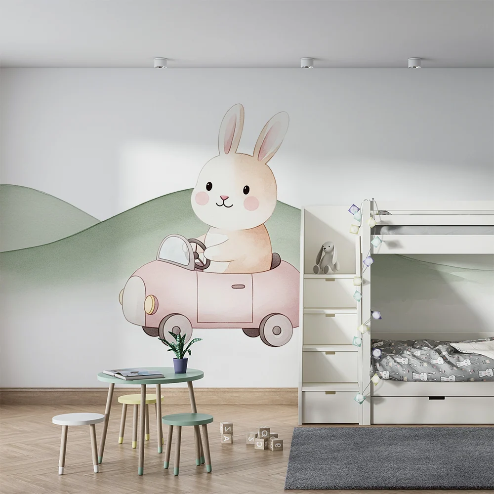 Papier peint chambre bébé | Lapin mignon dans une voiture