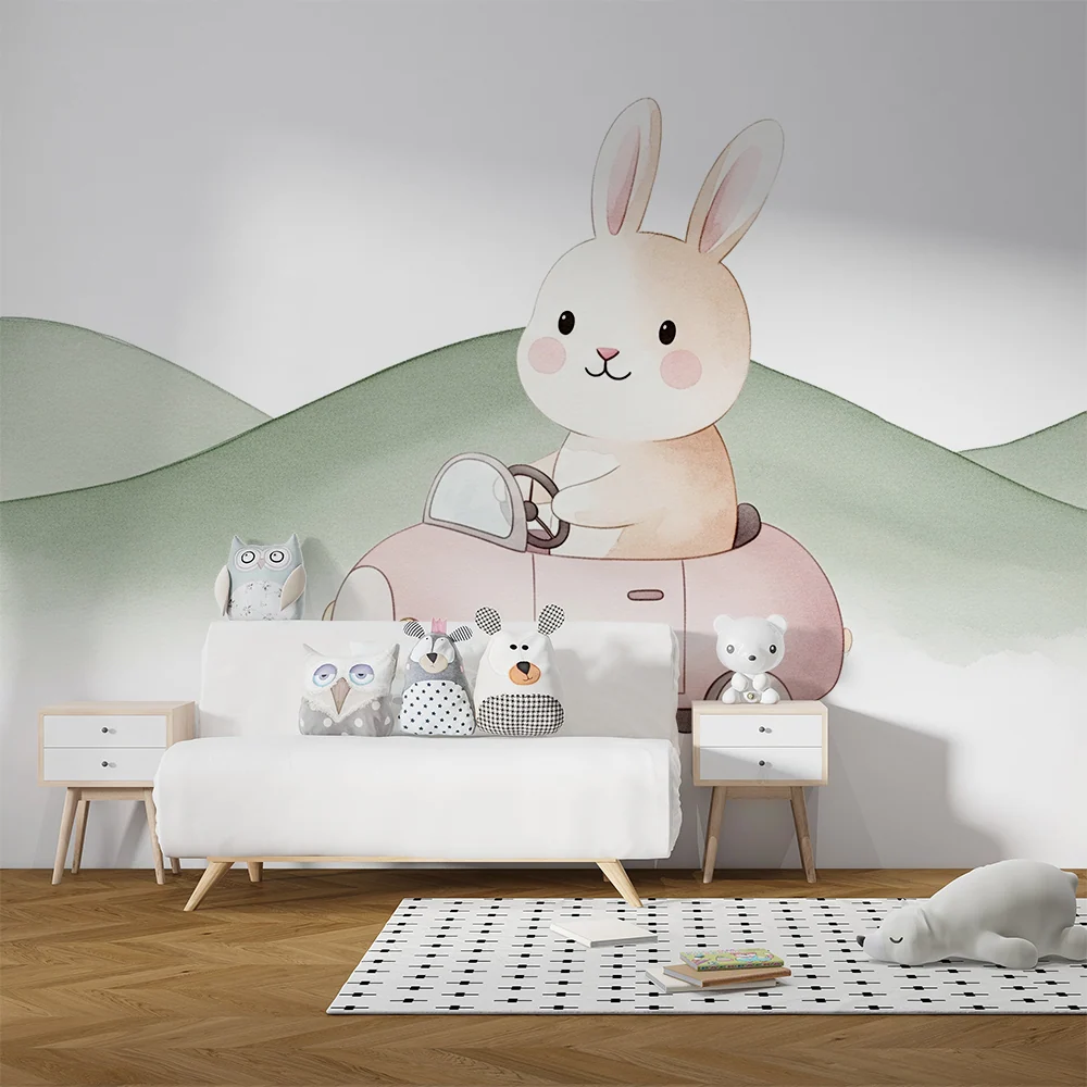 Papier peint chambre bébé | Lapin mignon dans une voiture