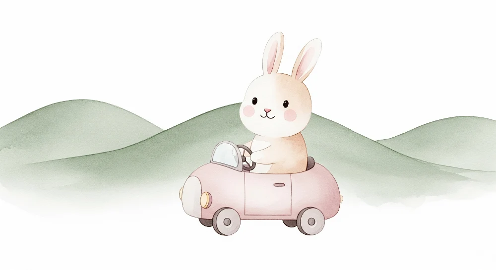 Papier peint chambre bébé | Lapin mignon dans une voiture