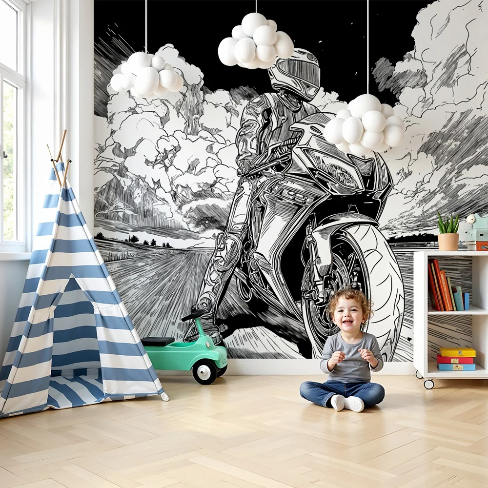 Papier peint moto | scène dynamique en noir et blanc