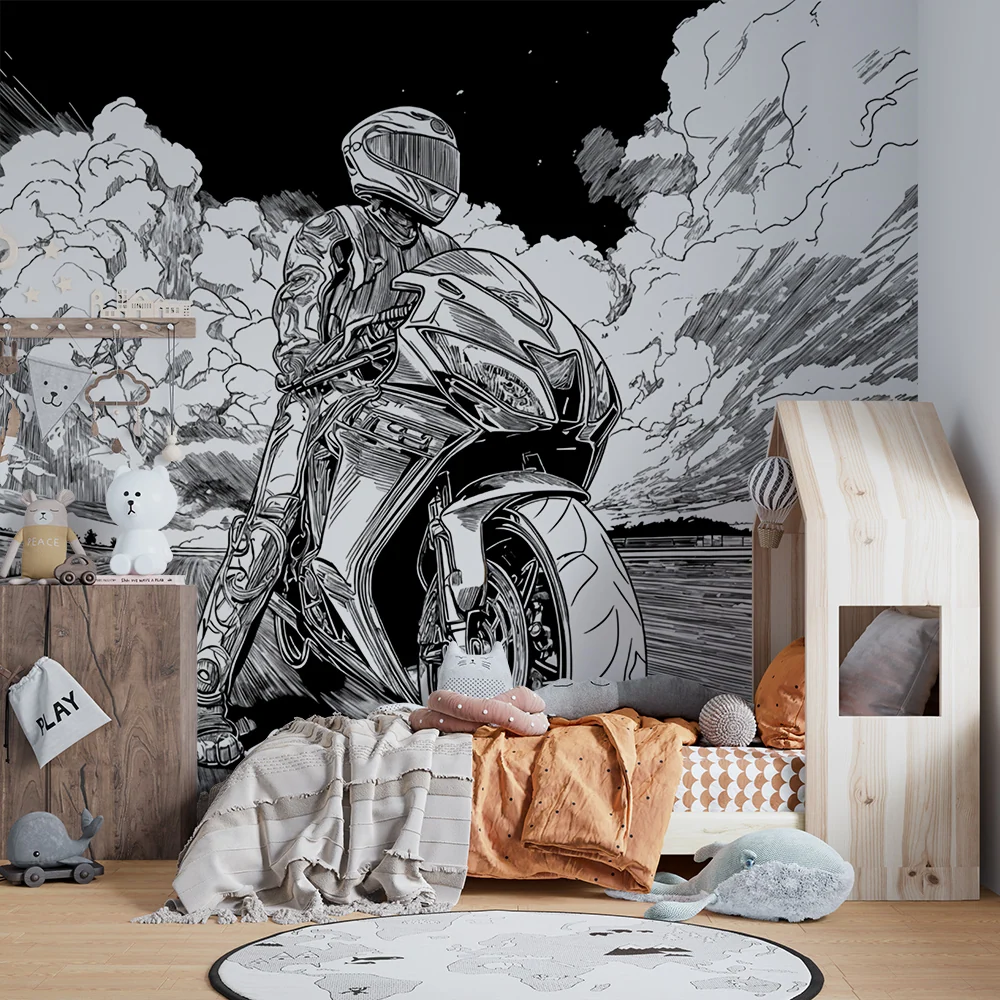 Papier peint moto | scène dynamique en noir et blanc