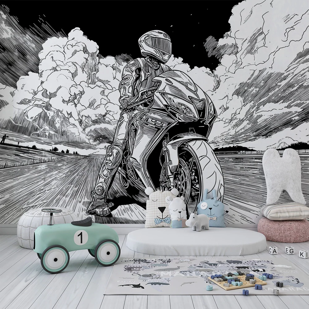 Papier peint moto | scène dynamique en noir et blanc