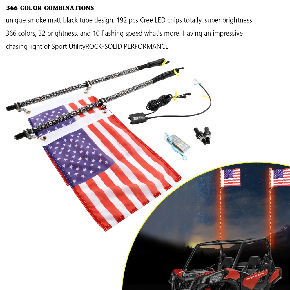 Pelle de voiture marine utilitaire Sport 4WD 4x4, 2x 3 pieds, lumières fouet LED RGB, antenne avec drapeau, télécommande