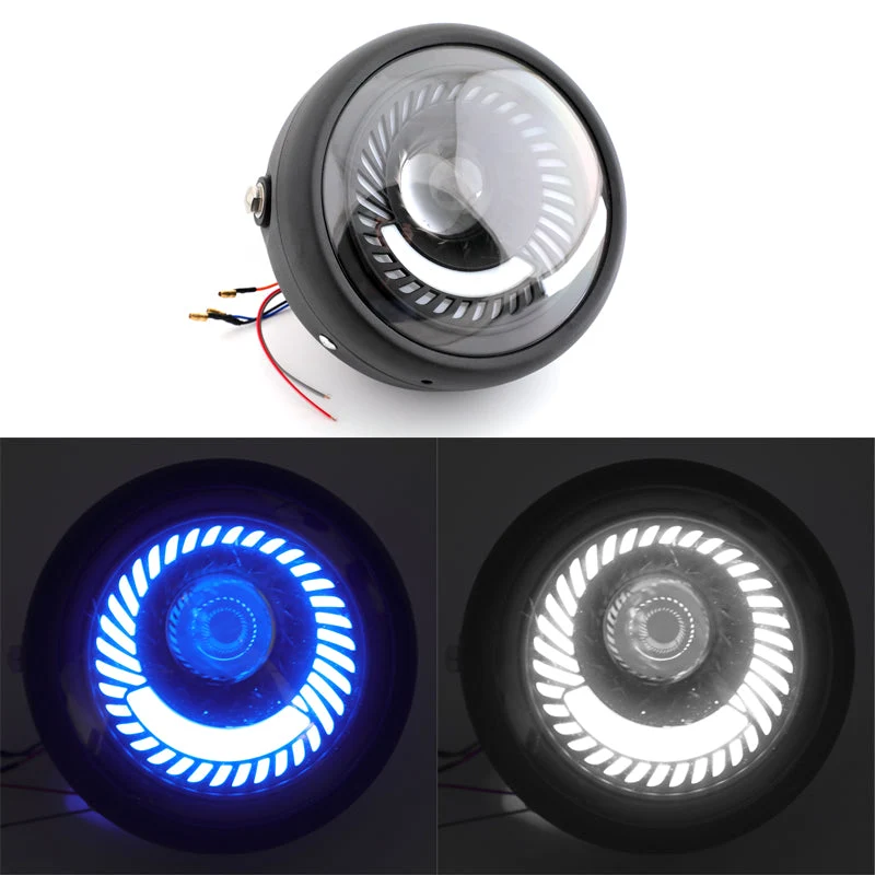 Phare universel bleu/blanc LED pour moto, 6.5 pouces, pour Cafe Racer, personnalisé, générique