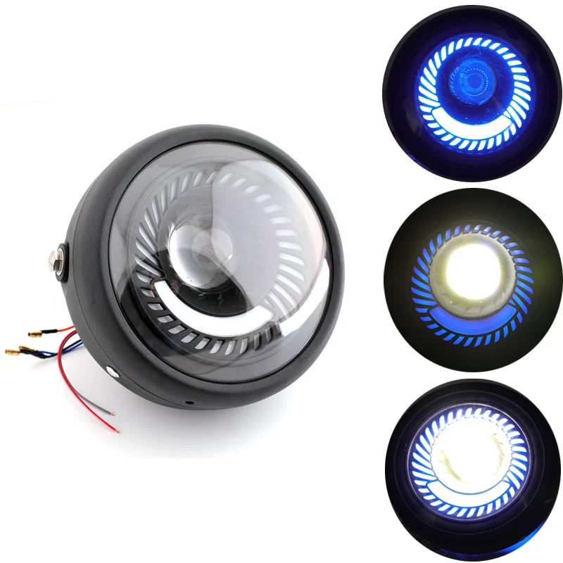 Phare universel bleu/blanc LED pour moto, 6.5 pouces, pour Cafe Racer, personnalisé, générique