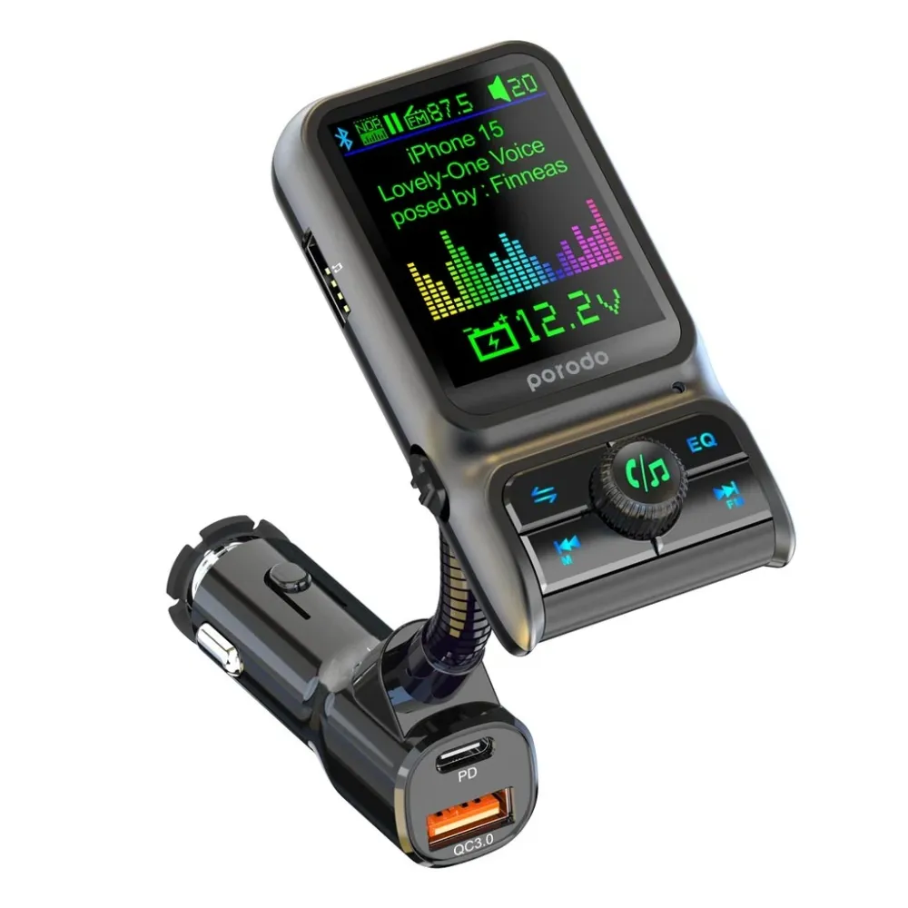 Chargeur de voiture à double port Porodo Transmetteur FM PD 36 W QC 18 W - Noir