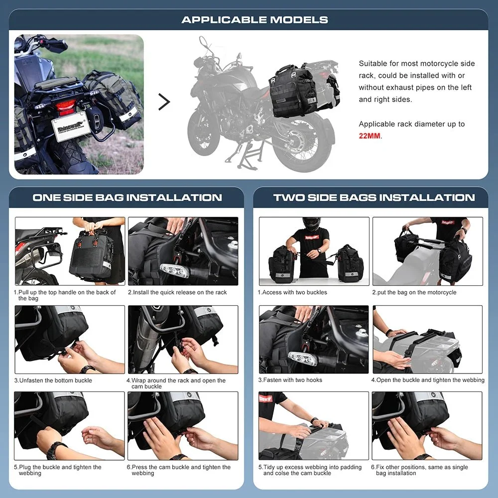 Sacoche latérale moto / velo avec intérieur amovible et étanche 20L "Rhinowalk - MT2040"